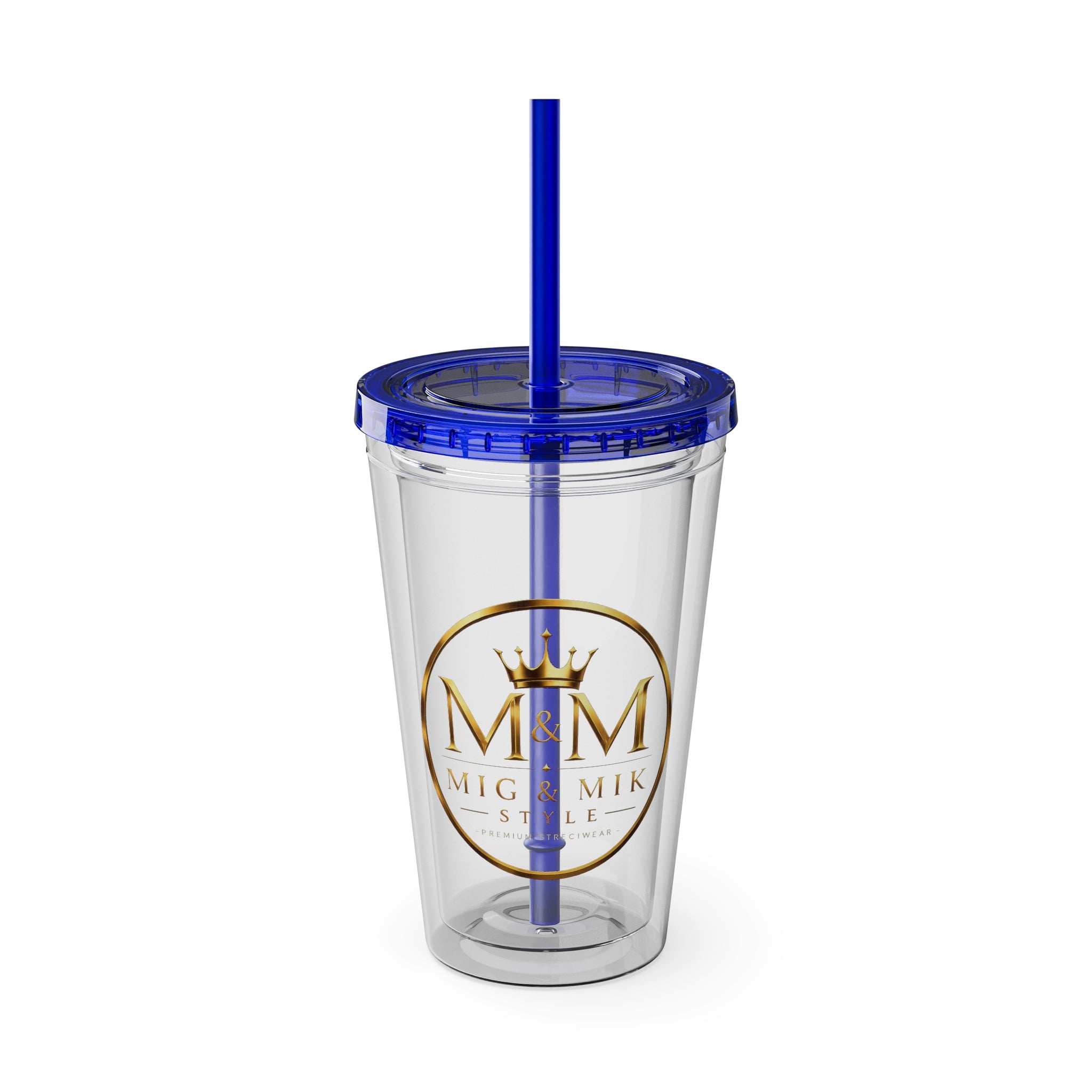 16oz Clear Tumbler with Straw — Gold Monogram 'MM' Crown Logo