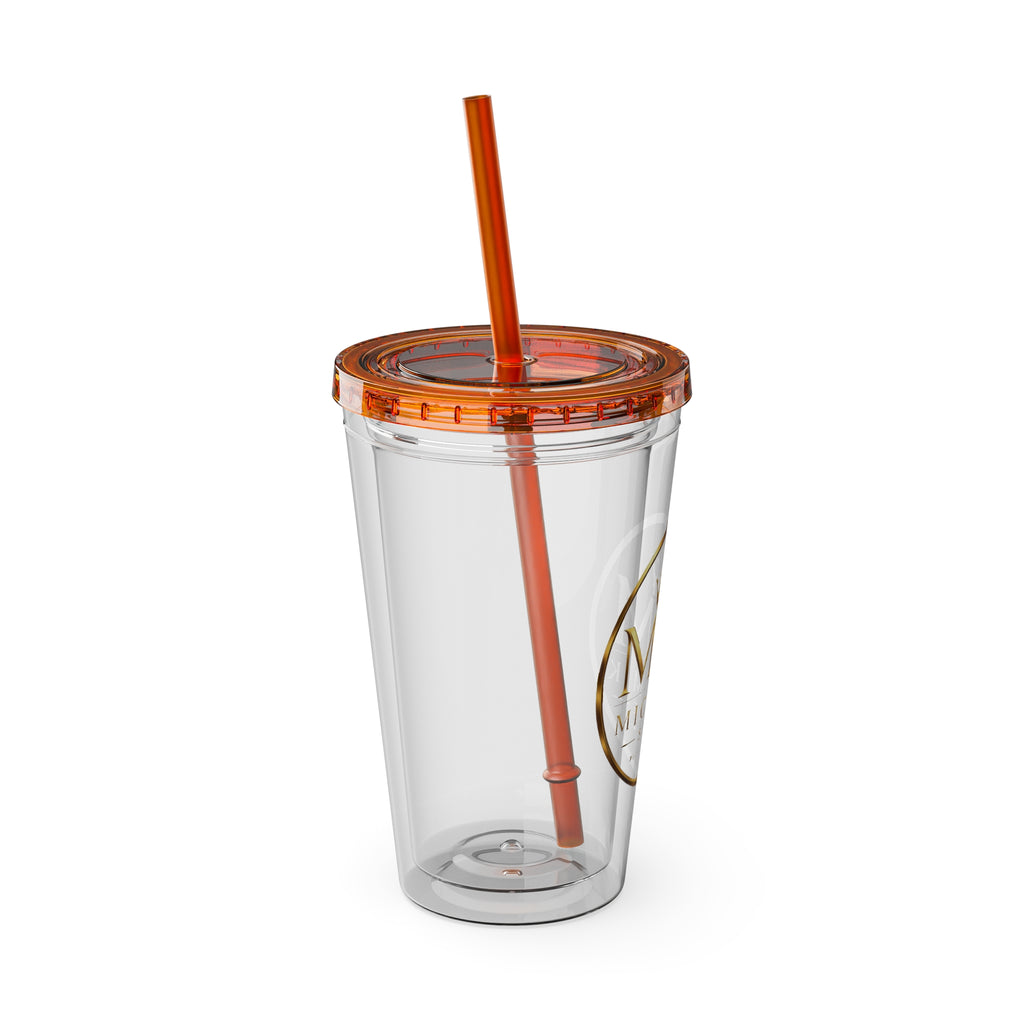 16oz Clear Tumbler with Straw — Gold Monogram 'MM' Crown Logo
