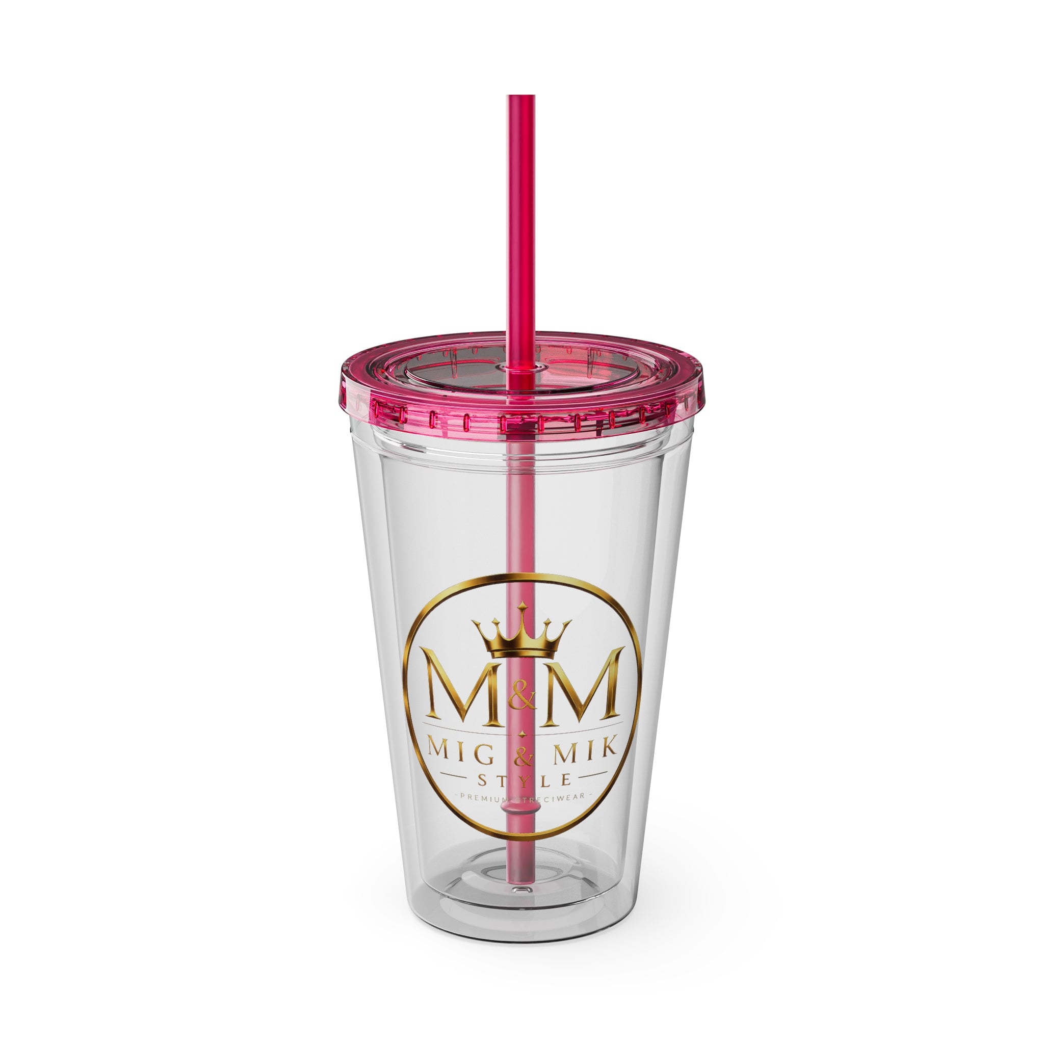 16oz Clear Tumbler with Straw — Gold Monogram 'MM' Crown Logo