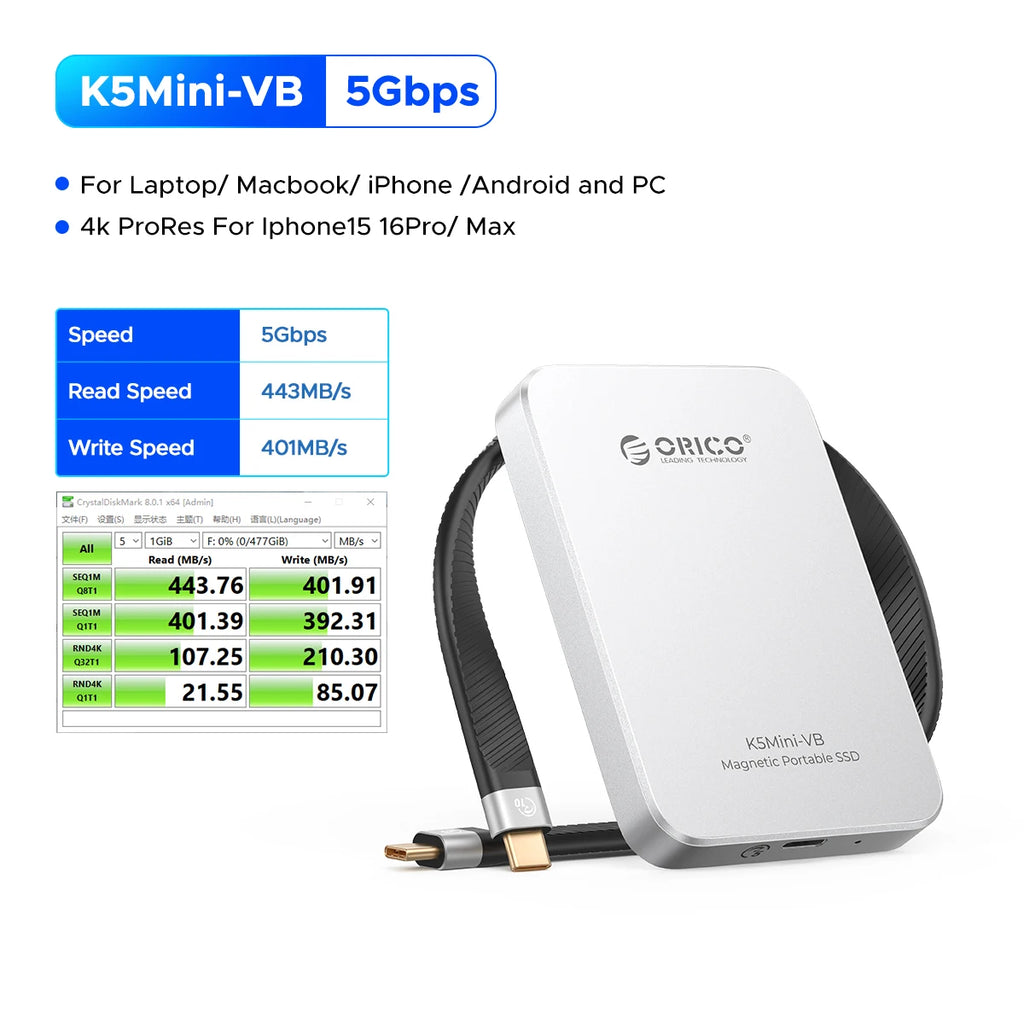 ORICO 460MB/S Portable SSD USB3.2 PSSD 480GB External SSD for iPhone 17 16Pro/Max ProRes 4K ProRes K5MINI-VB