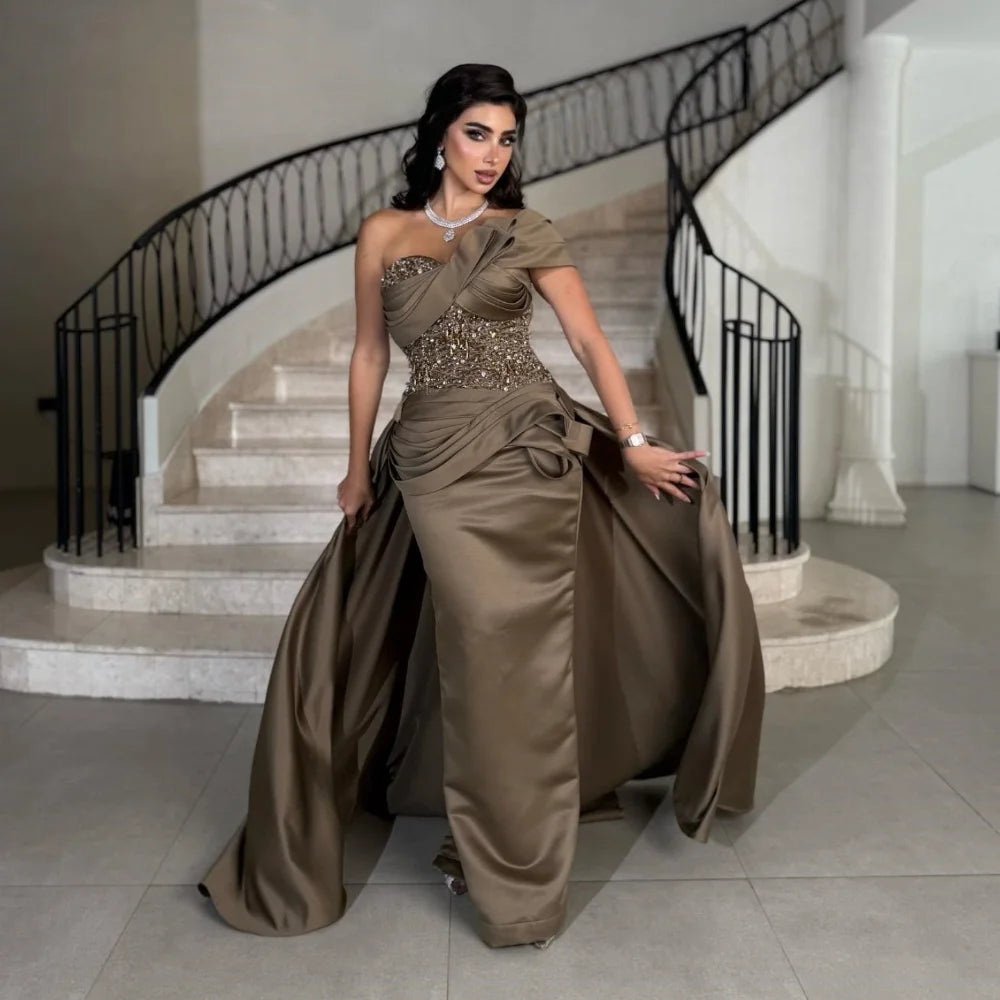 Customized Fashion Charmeuse Pleat Sequined Column One-shoulder Long Dresses Bespoke Occasion Dresses Sizes Available