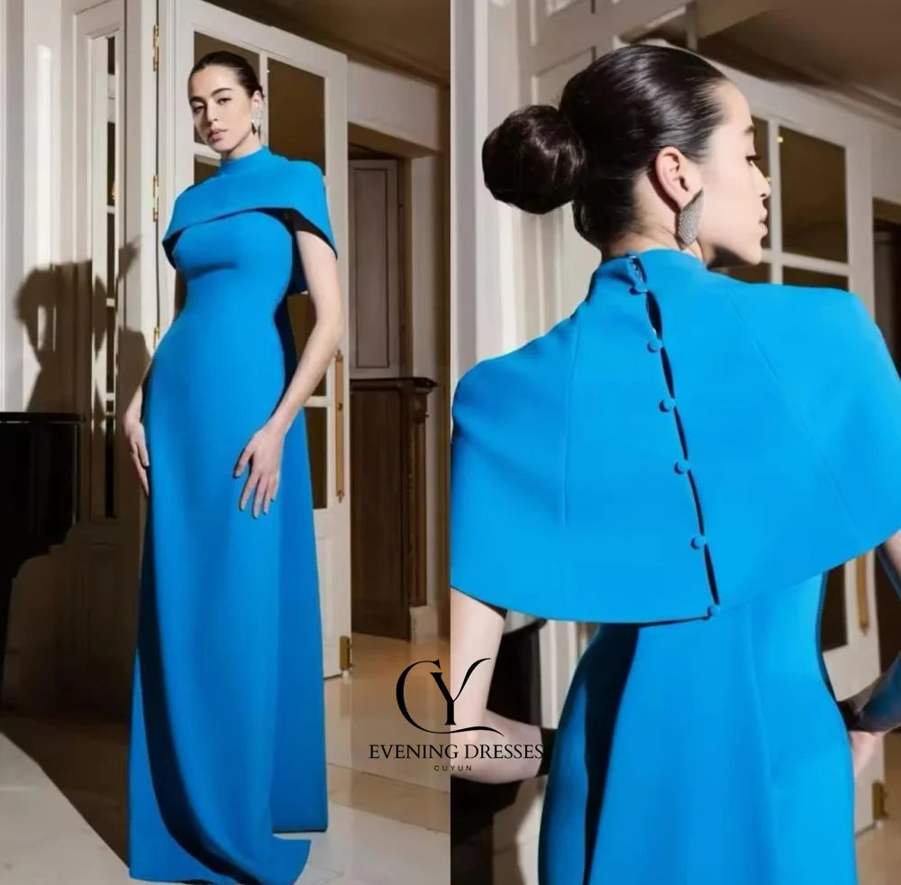 CUYUN Customized Blue Evening Jersey Draped Button Birthday A-line High Collar Bespoke Occasion Gown Long Dresses