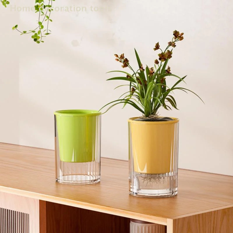 Transparent Self Watering Pot For Hydroponic Plants with Drainage Hole Desktop Flower Planter for Office Home