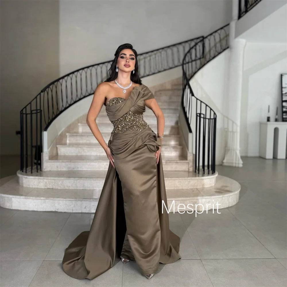 Customized Fashion Charmeuse Pleat Sequined Column One-shoulder Long Dresses Bespoke Occasion Dresses Sizes Available