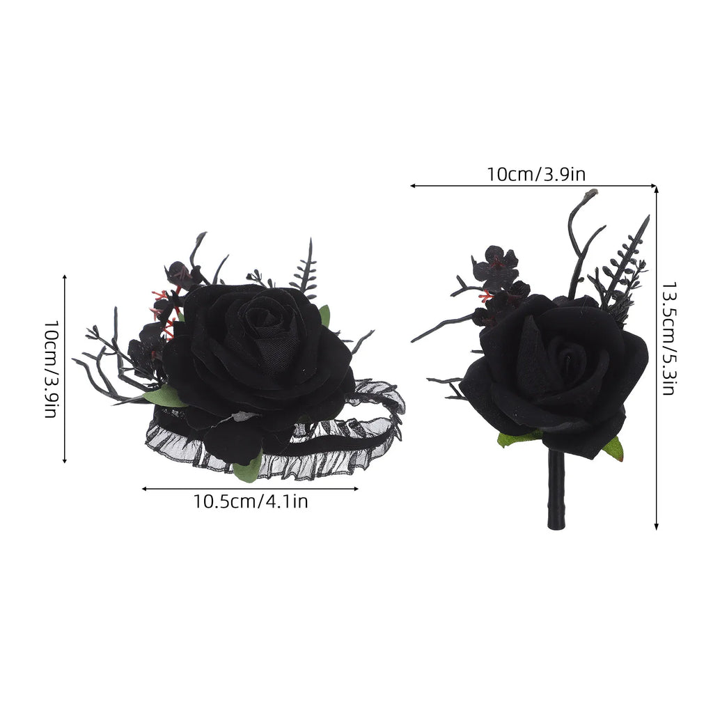 Artificial Black Rose Gothic Bridal Wrist Corsage Boutonniere Set Black Wedding Flower Set Groom Bride Wristlets