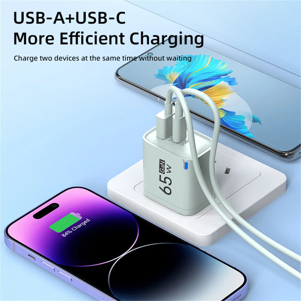 65W GaN Fast Charge Phone Charger For iPhone 14 13 Xiaomi Huawei Samsung Oneplus Fast Charging Mobile Phone Wall Power Adapter