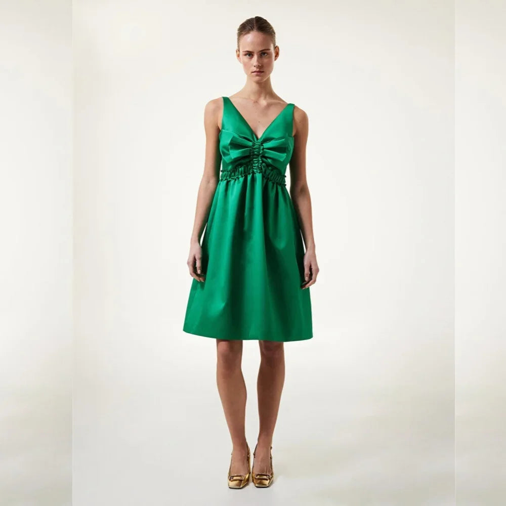 Customized Satin Bow Draped Formal Evening A-line V-neck Bespoke Occasion Gown Knee Length Dresses