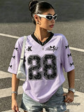 2026 Summer Black Speed 23 Printed T-Shirt For Women V-Neck Short Sleeve Sports Football Jersey Y2K Loose Oversized Tops