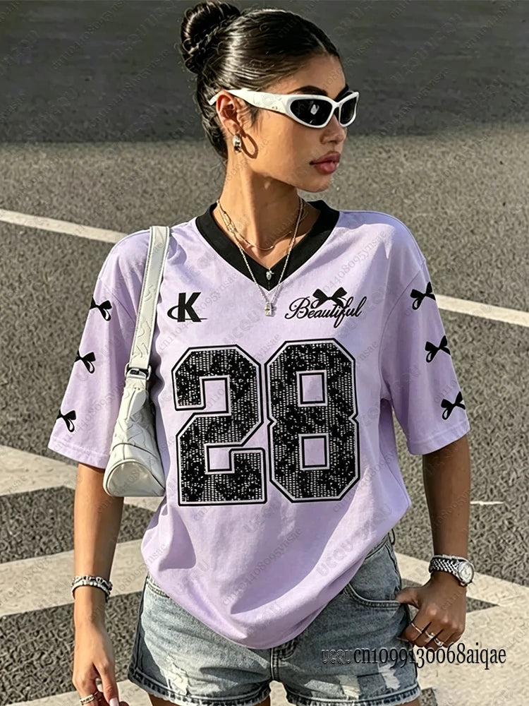 2026 Summer Black Speed 23 Printed T-Shirt For Women V-Neck Short Sleeve Sports Football Jersey Y2K Loose Oversized Tops