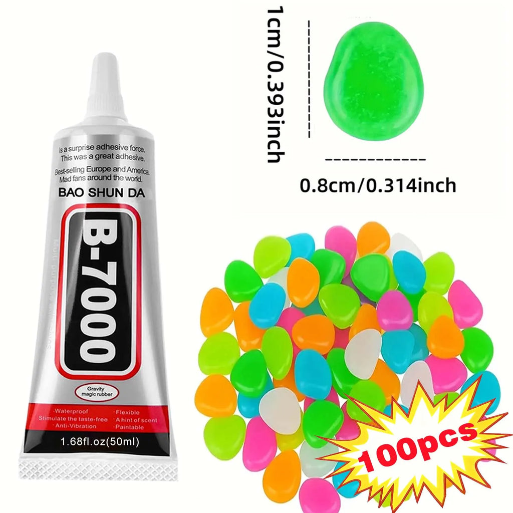 200PCS Luminous stone garden fish tank landscape glow-in-the-dark stone decoration artificial fluorescent color pebbles,Glue Kit