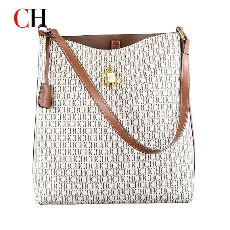 CH Brand Women Bucket Bag 2026 New Retro Monogram Print Shoulder Crossbody Bag Fashion Large Capacity Lock Decor Handbag