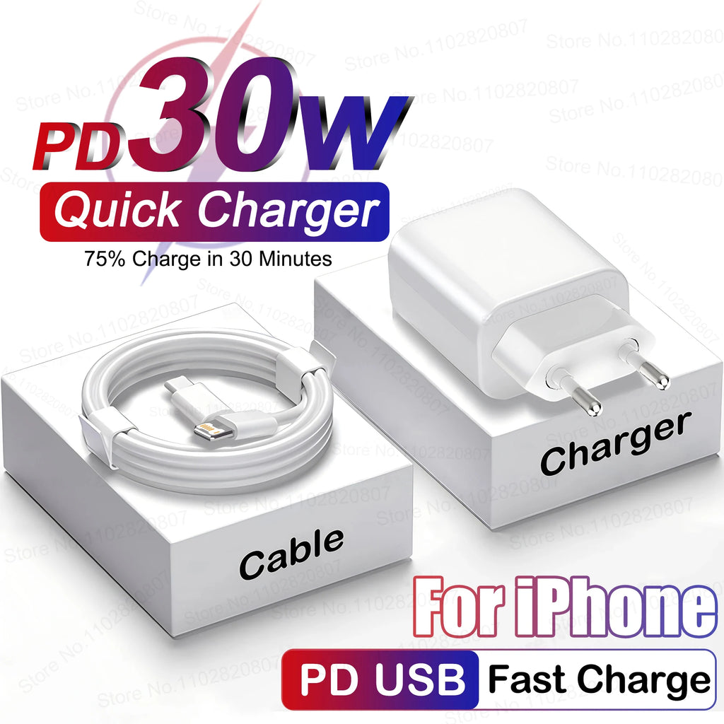 PD 30W Fast Charger For Apple iPhone 14 13 12 11 Pro Max 8 Plus XR X Fast Charging Type C Cable USB C Chargers Phone Accessories