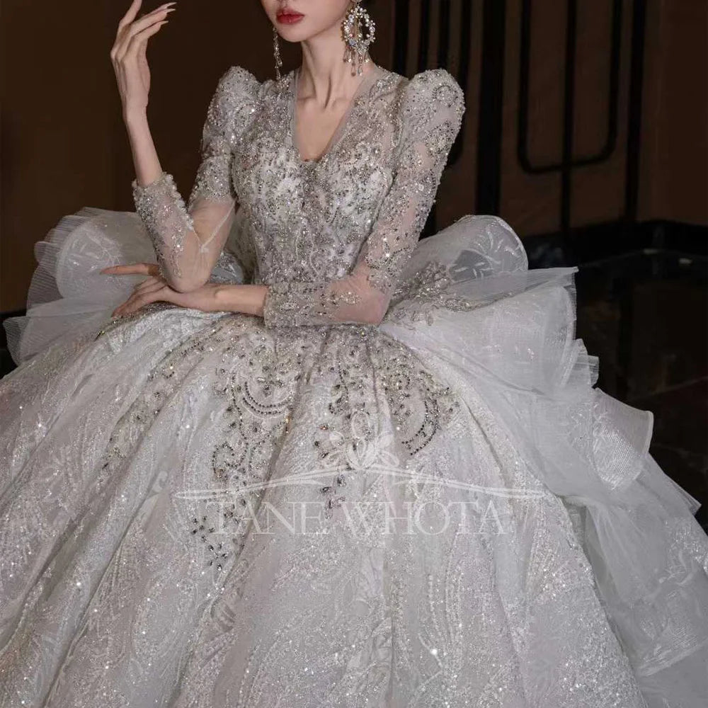 Luxury V Neck Wedding Dress Long Sleeves Lace Up Keyhole Back Embroidered Sequined Beading Customizable Encaje Vestido De Novia