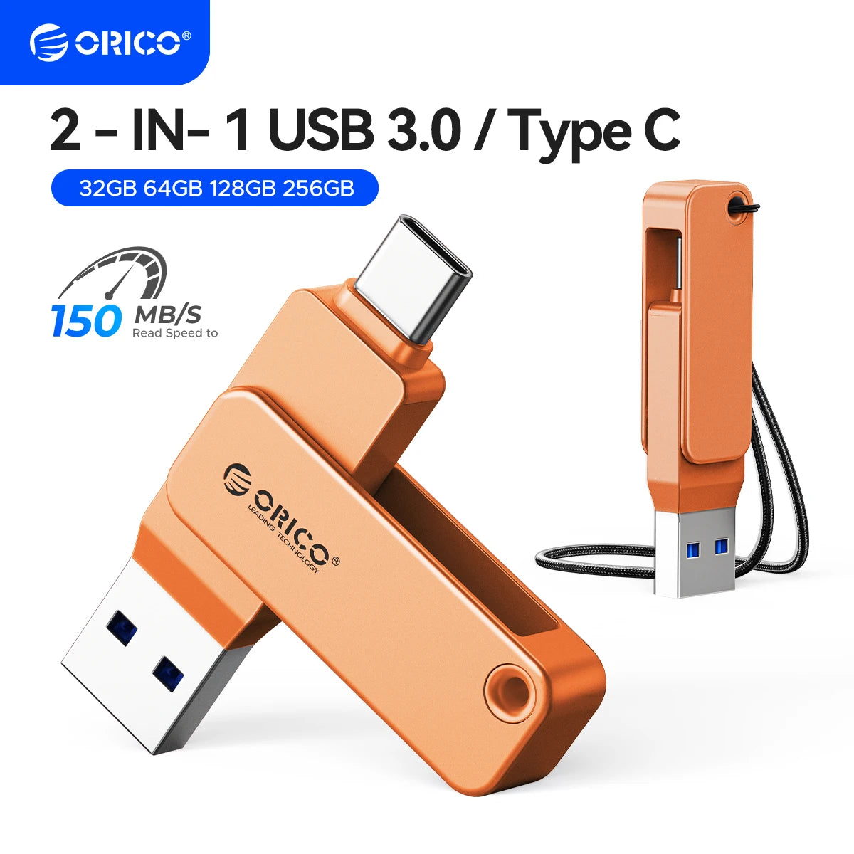 ORICO USB Flash Drive USB3.2 Gen1 150MB/s Dual USB-C & USB-A Mini Thumb Drive Memory Sticks for iPhone 15/16/17 Series Tablets