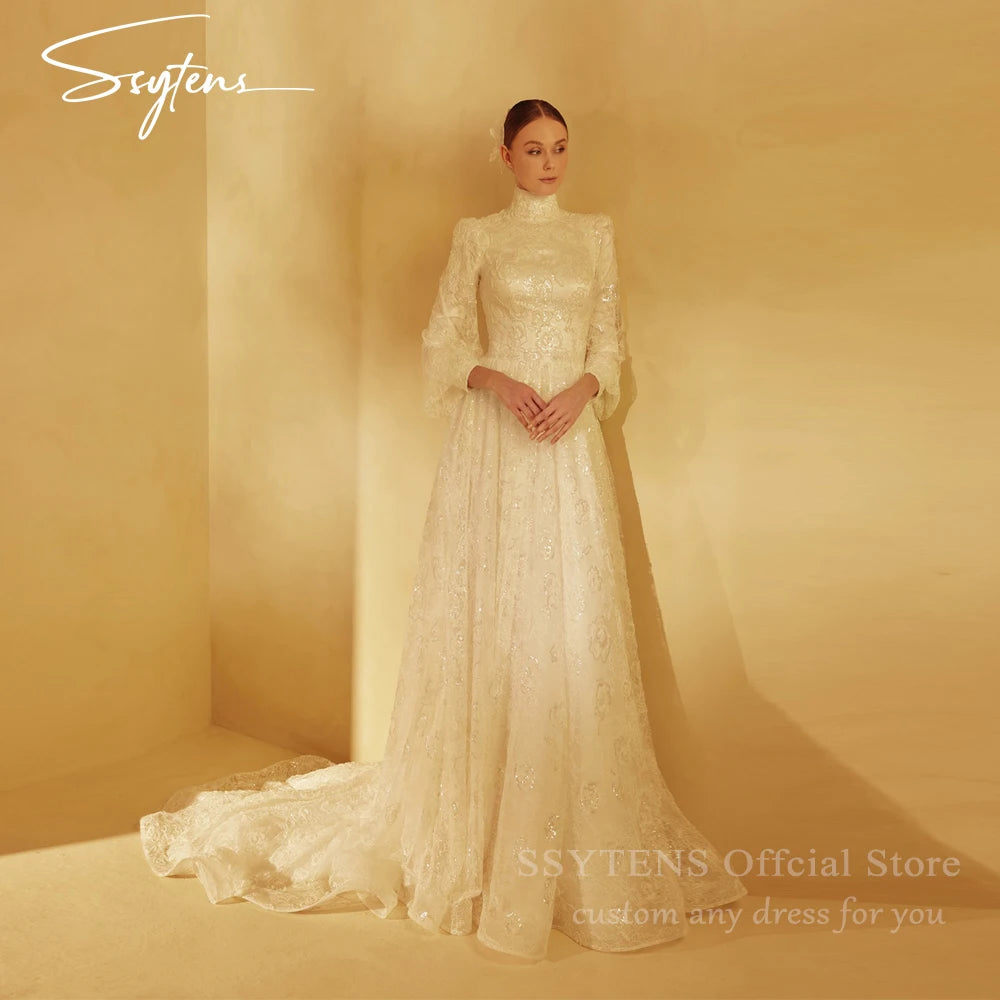 SSYTENS Glitter Sequined Full Lace Wedding Dresses High Neck Bride Dresses Women Long Bridal Gowns vestidos de novia Customized