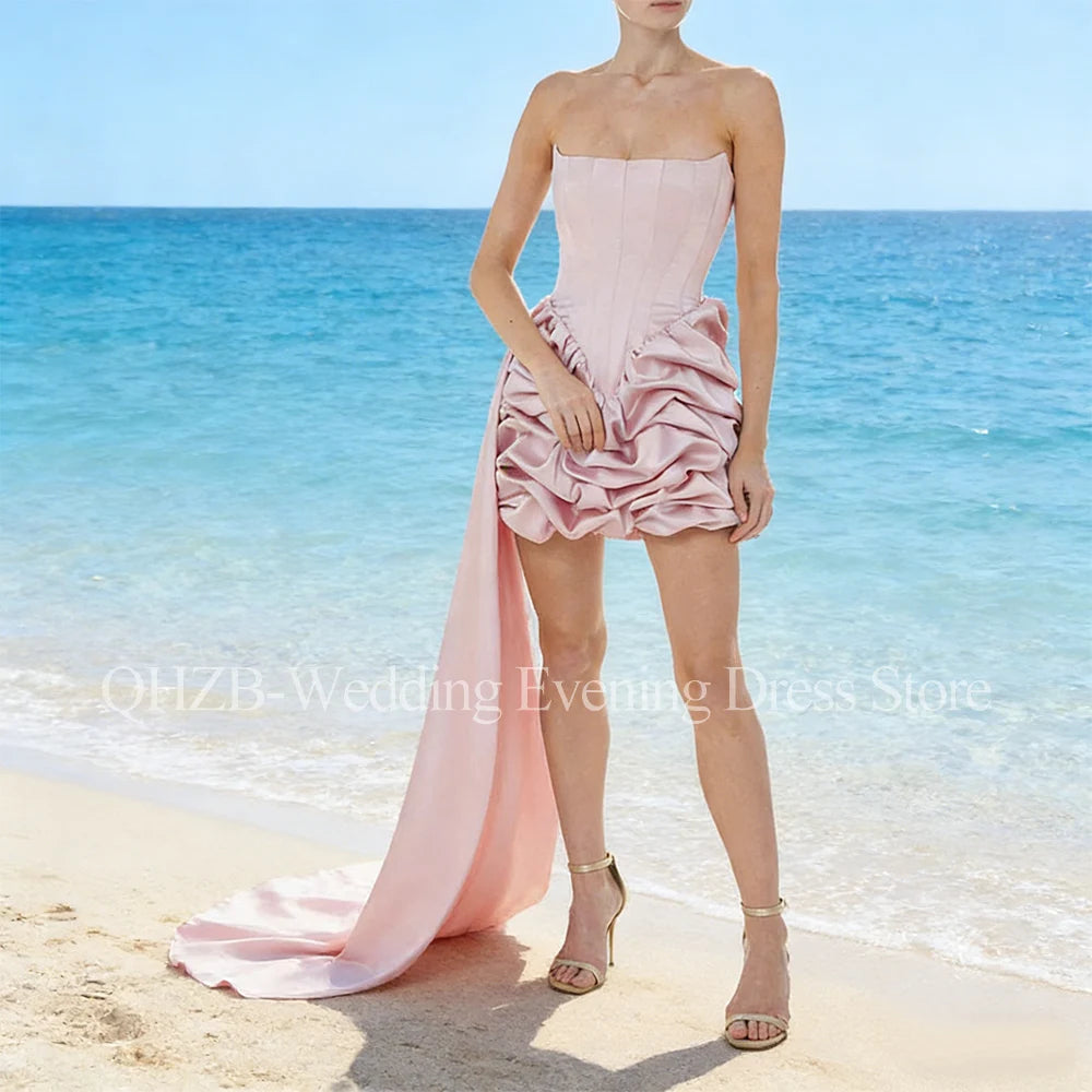 Customized Elegant Short Pink Party Dresses for Special Events Satin Strapless Backless Woman Birthday Prom Evening Dress 2026