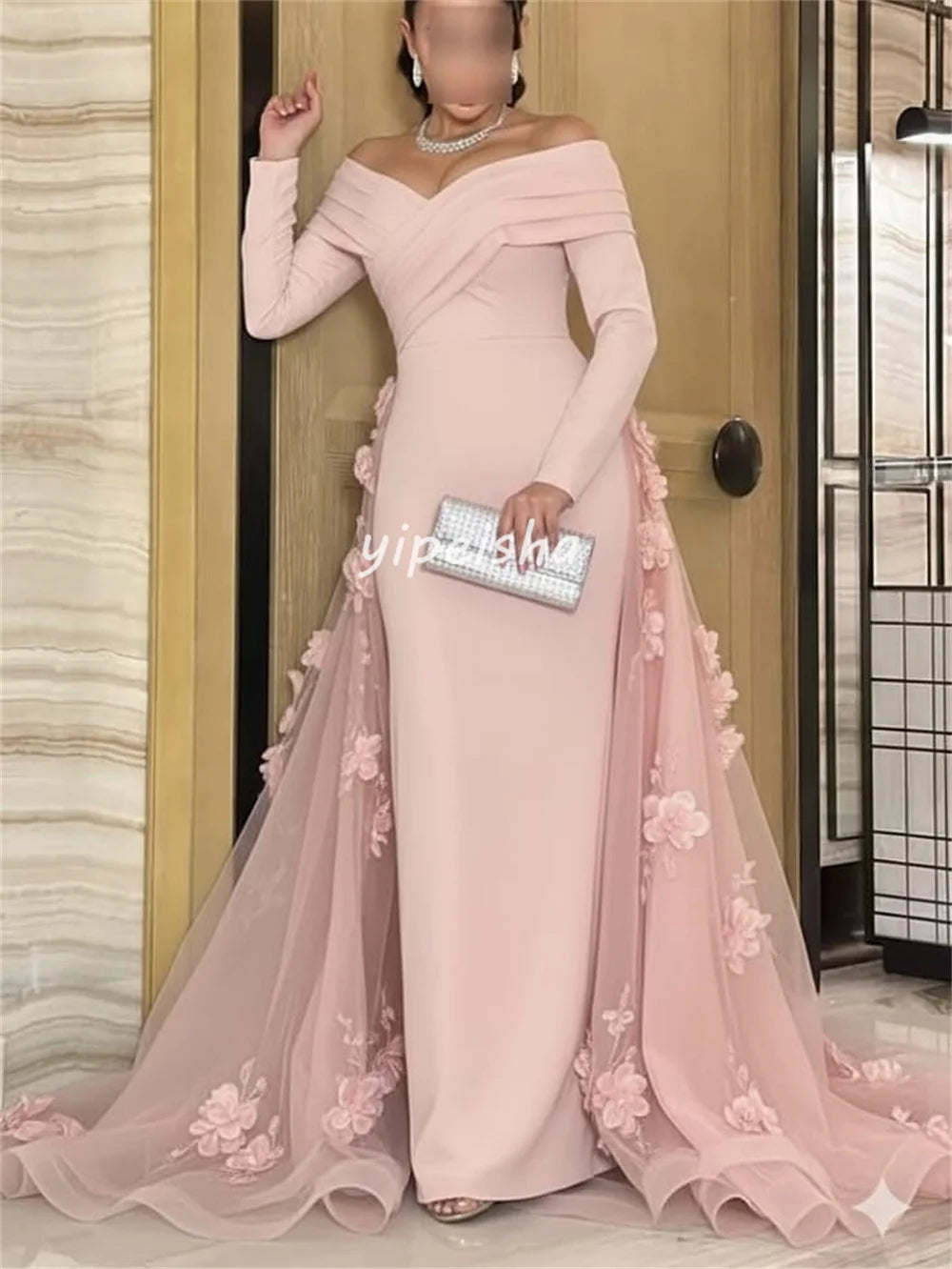 Customized Intricate Jersey Handmade Flower Beading Draped A-line Off-the-shoulder Long Dresses Bespoke Occasion Dresses Formal