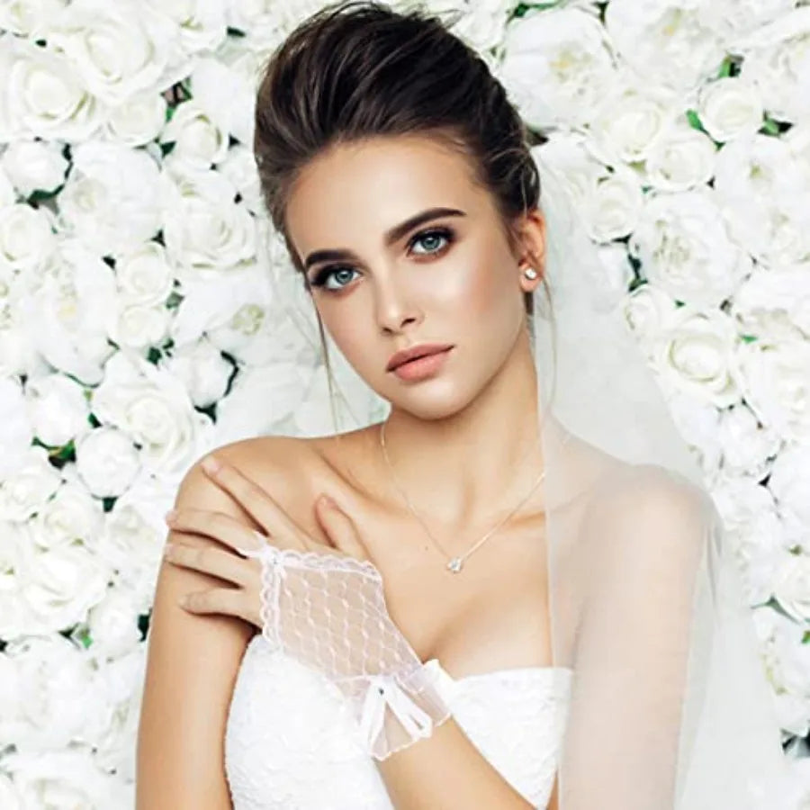 Wedding Fingerless Rhinestone Lace Gloves for Brides and Bridesmaids Lace Bow Short Gloves for Banquet Party Wedding