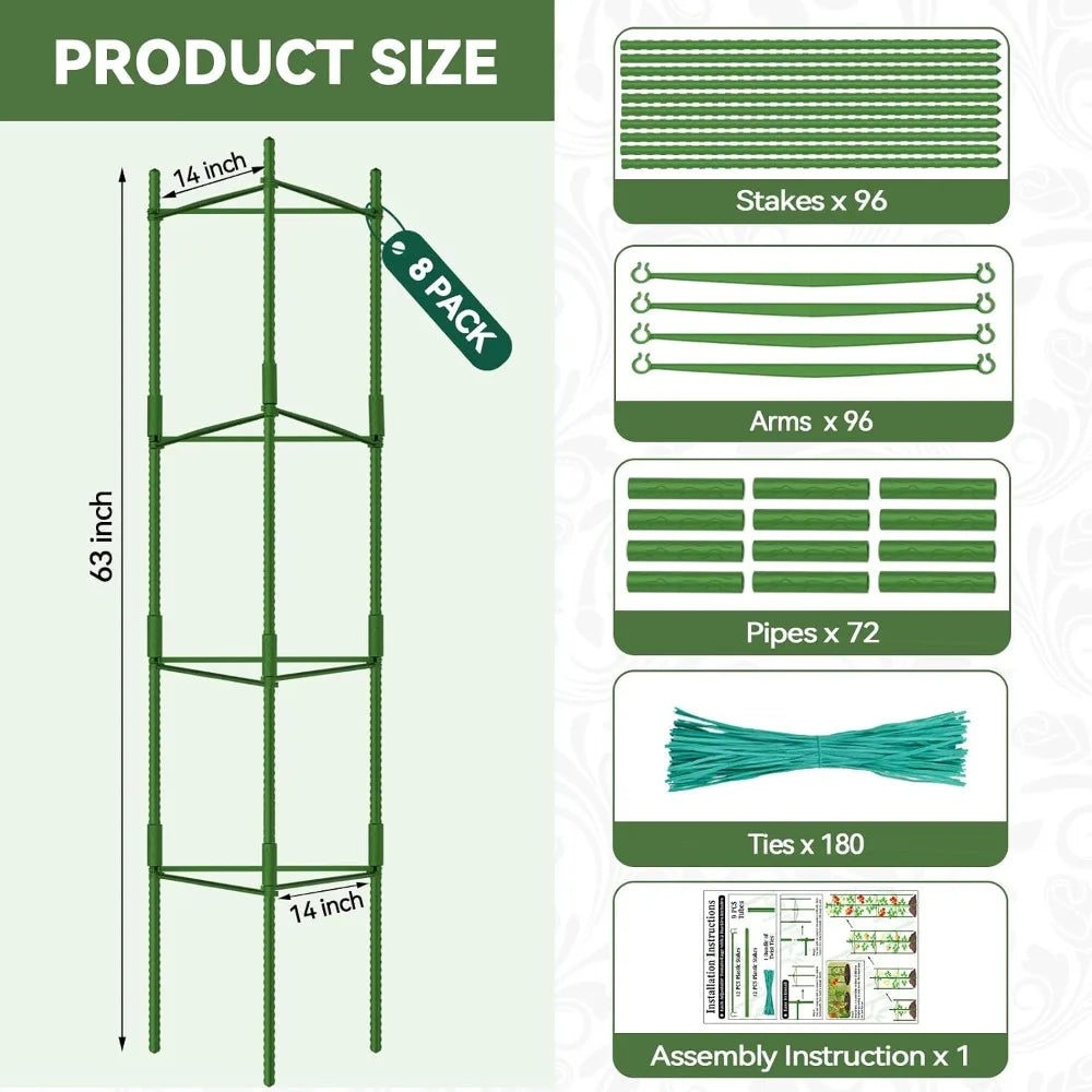 Adjustable Tomato Cage 8-Pack, 63" Tall Plant Support for Garden, Pots & Raised Beds
