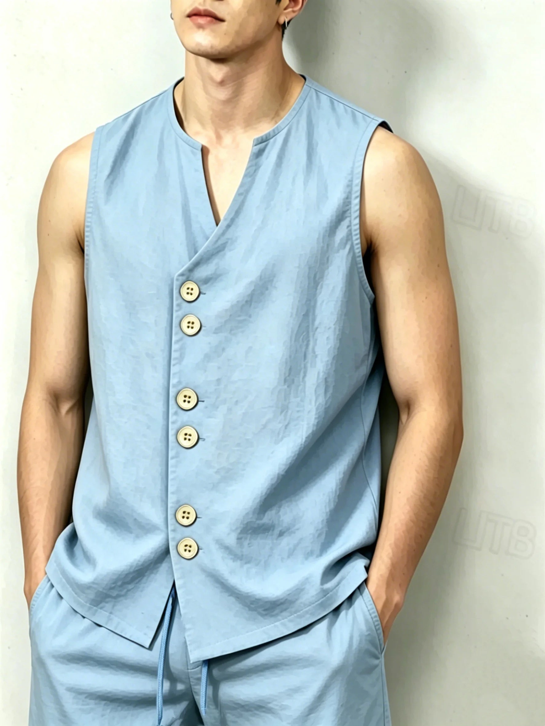Men's Linen-Look V-Neck Button Sleeveless Top & Drawstring Shorts 2-Piece Set, Breathable Casual Summer Vacation Outfit