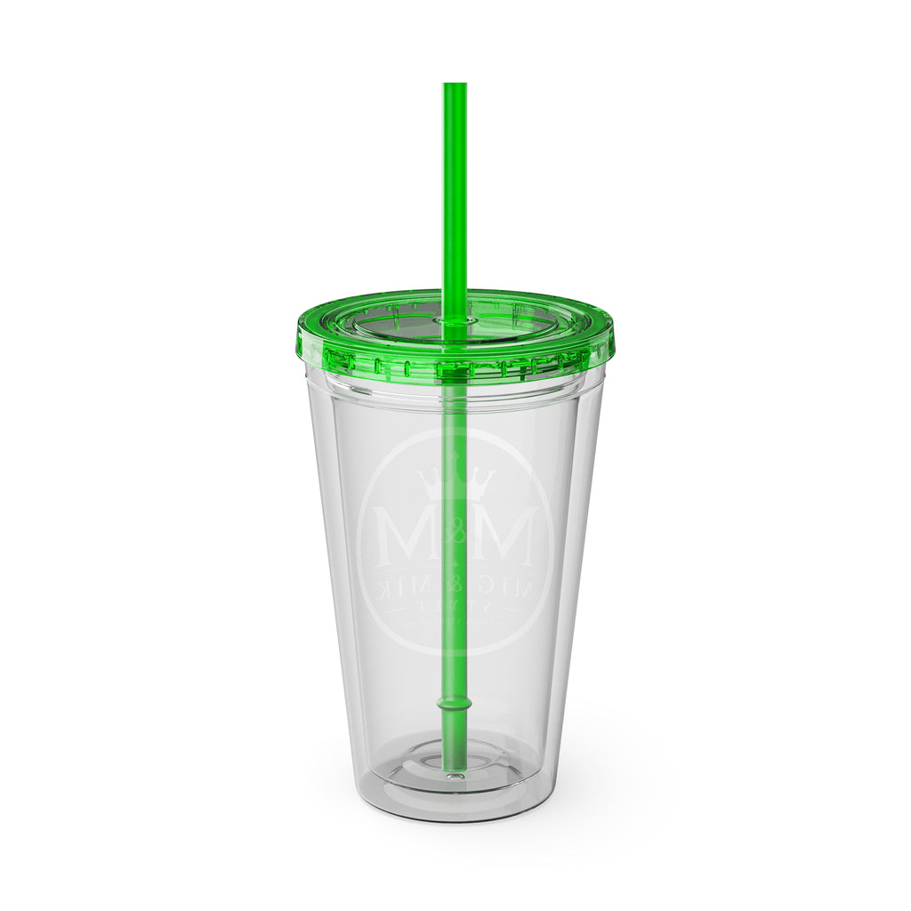 16oz Clear Tumbler with Straw — Gold Monogram 'MM' Crown Logo