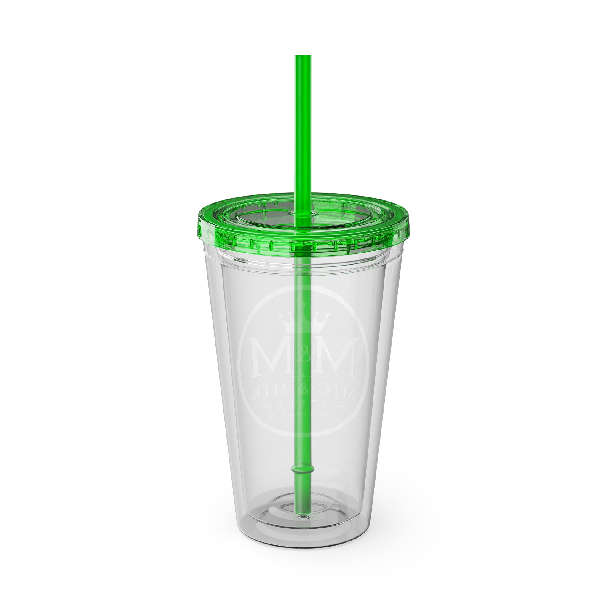16oz Clear Tumbler with Straw — Gold Monogram 'MM' Crown Logo