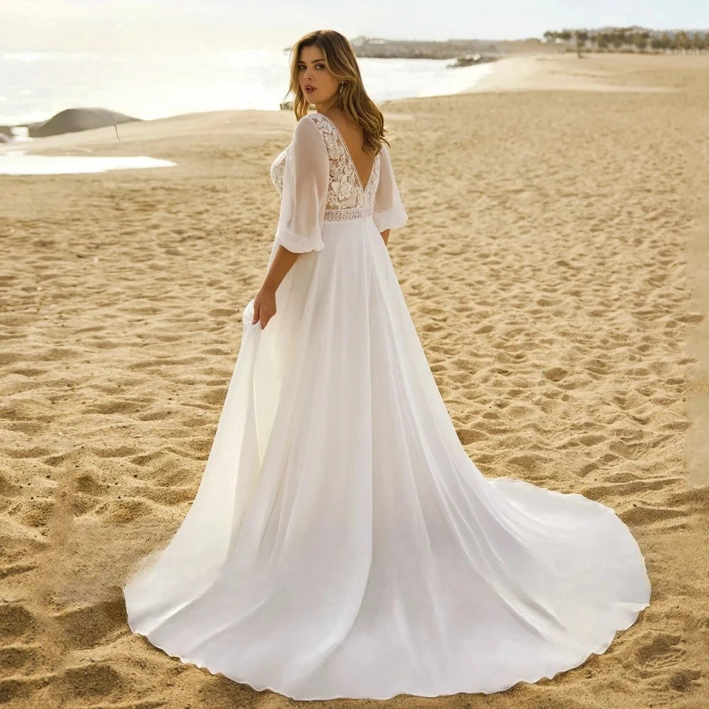 Wedding Dresses Plus Size Customized 3/4 Sleeve Bride Gown with Lace Applique A-Line Sweep Train فستان حفلات