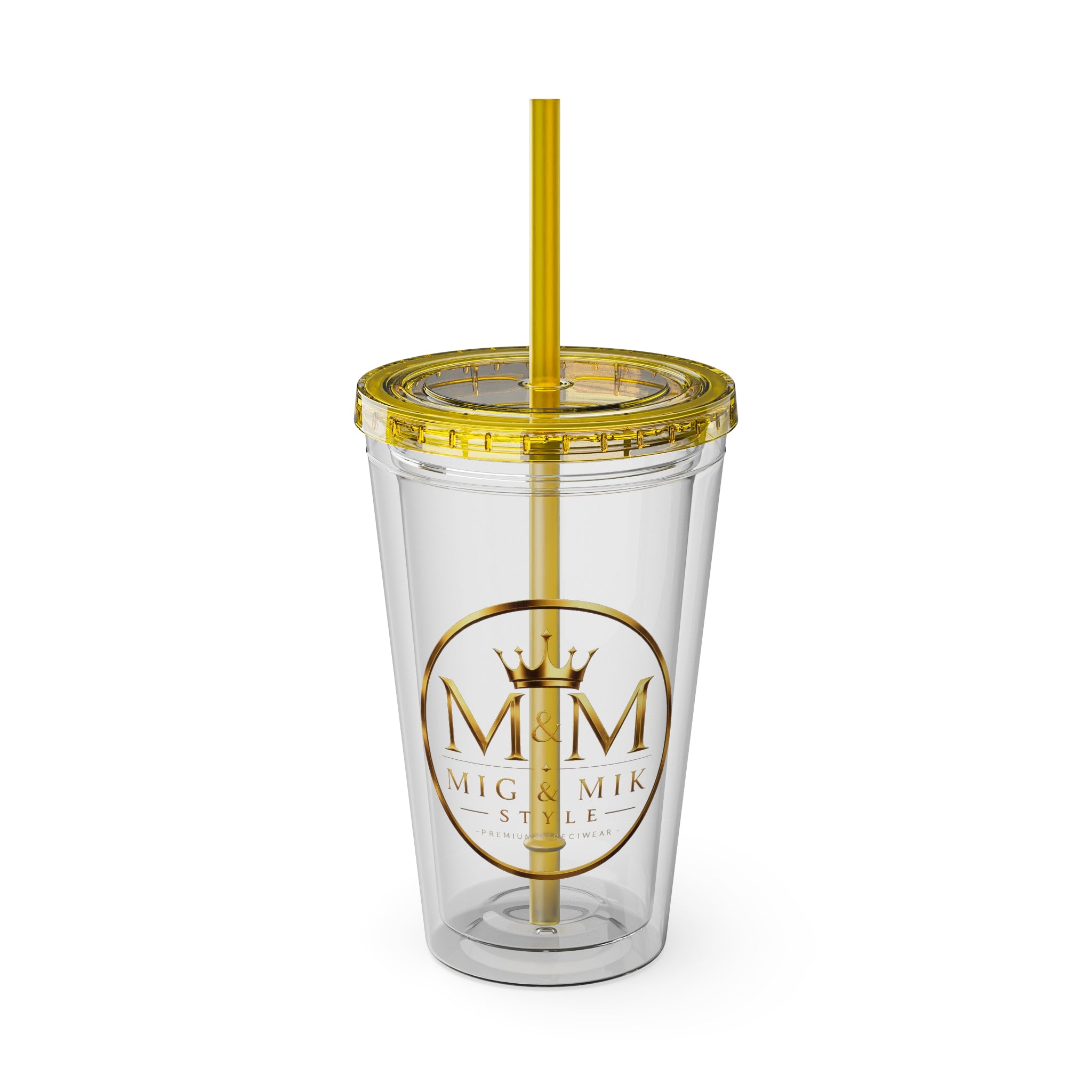 16oz Clear Tumbler with Straw — Gold Monogram 'MM' Crown Logo