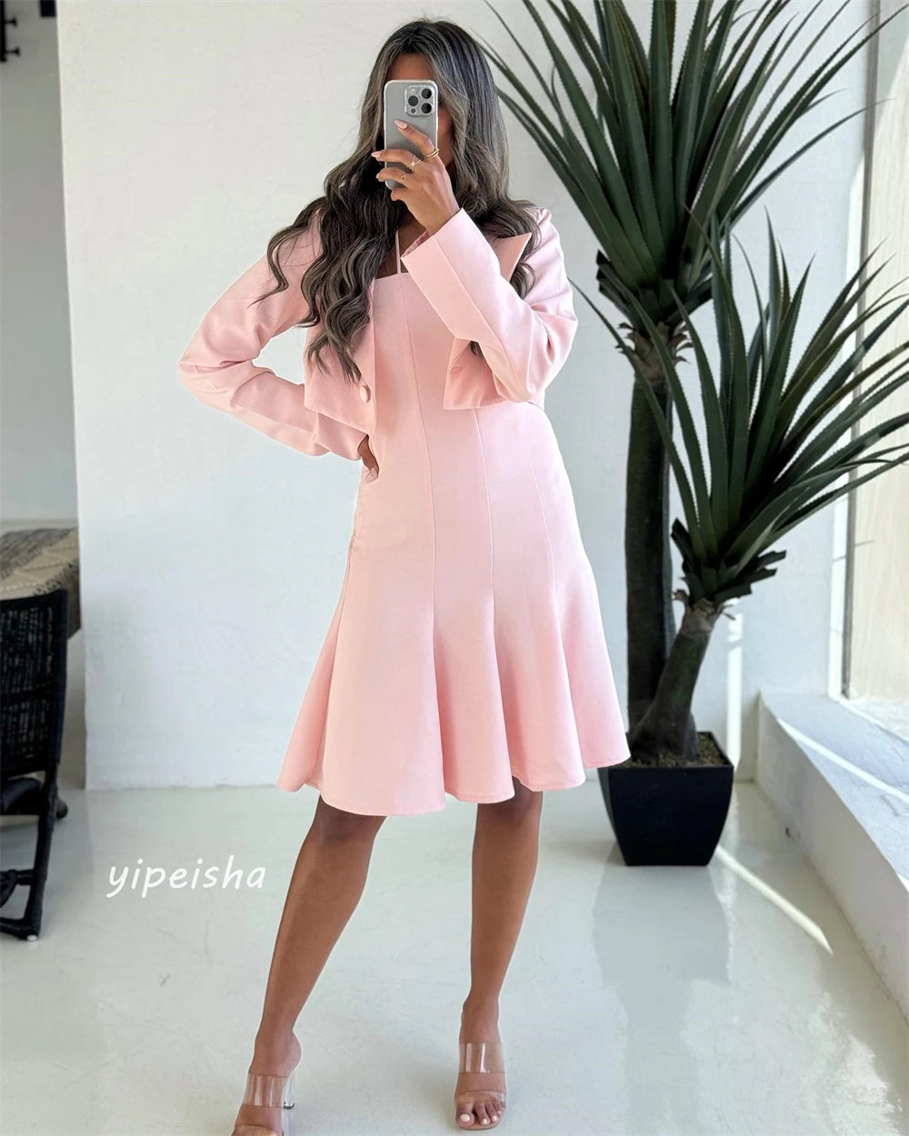 Customized Jersey Draped Pleat Birthday A-line Square Collar Bespoke Occasion Gown Knee Length Dresses