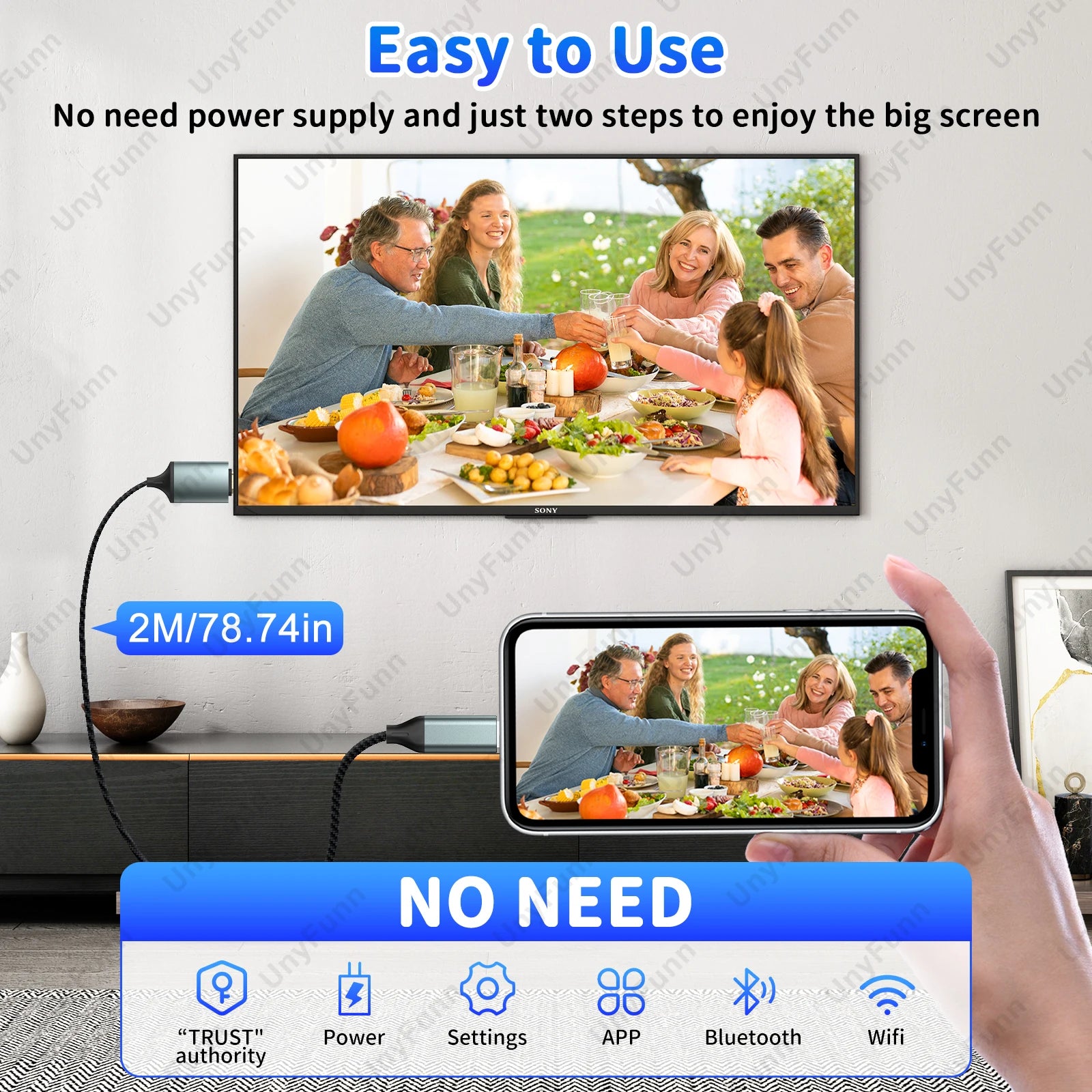 HDTV Cable for iPhone to TV, Lighting to HDTV Adapter Connector for iPhone14, 13, 12, 11 TV Output with 1080P HD Display 6.56FT