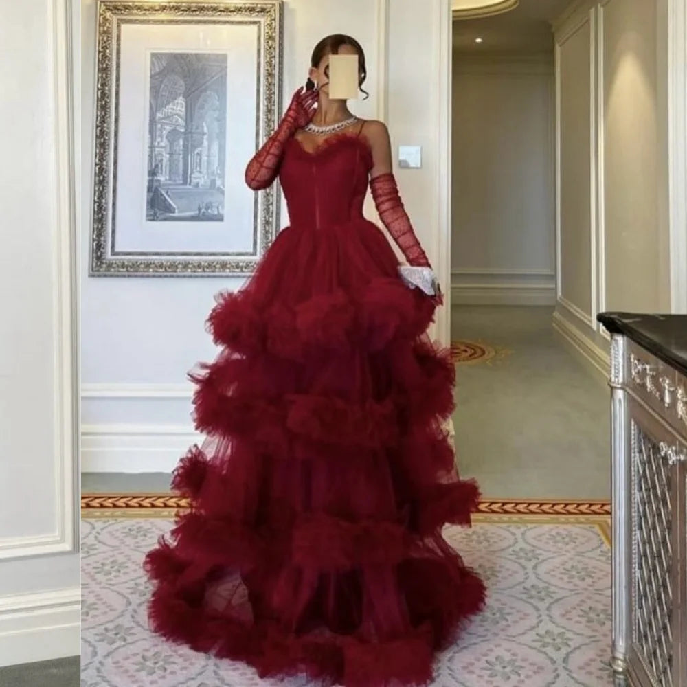 Customized Fashion Classic Tulle Pleat Tiered A-line Spaghetti strap Long Dresses Bespoke Occasion Dresses Matching Formal