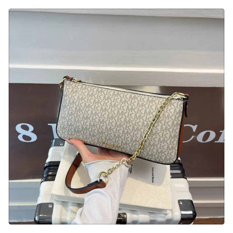Sleek Monogram Print Handbag, Timeless Chain Strap Design with Clean, Modern Lines Polished Patterned Shoulder Bag