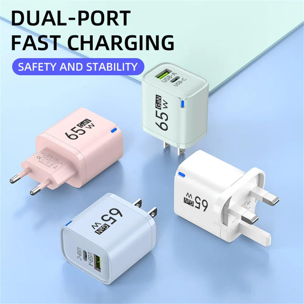 65W GaN Fast Charge Phone Charger For iPhone 14 13 Xiaomi Huawei Samsung Oneplus Fast Charging Mobile Phone Wall Power Adapter