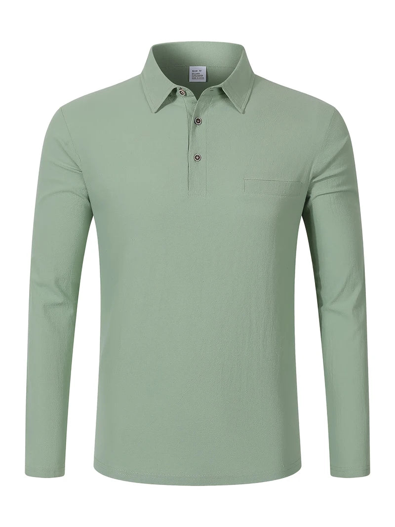 Men's Linen Blend Long Sleeve Polo Shirt with Chest Patch Breathable Lapel Collar Button Placket Casual Tops for Spring Fall