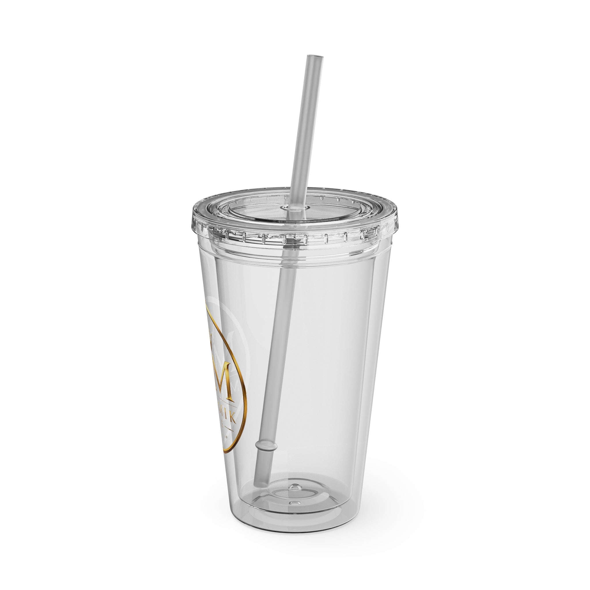 16oz Clear Tumbler with Straw — Gold Monogram 'MM' Crown Logo