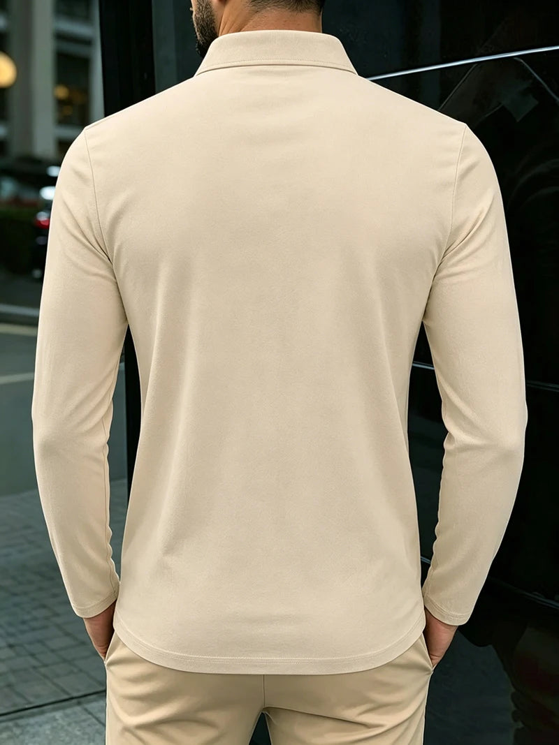 Men's Linen Blend Long Sleeve Polo Shirt with Chest Patch Breathable Lapel Collar Button Placket Casual Tops for Spring Fall