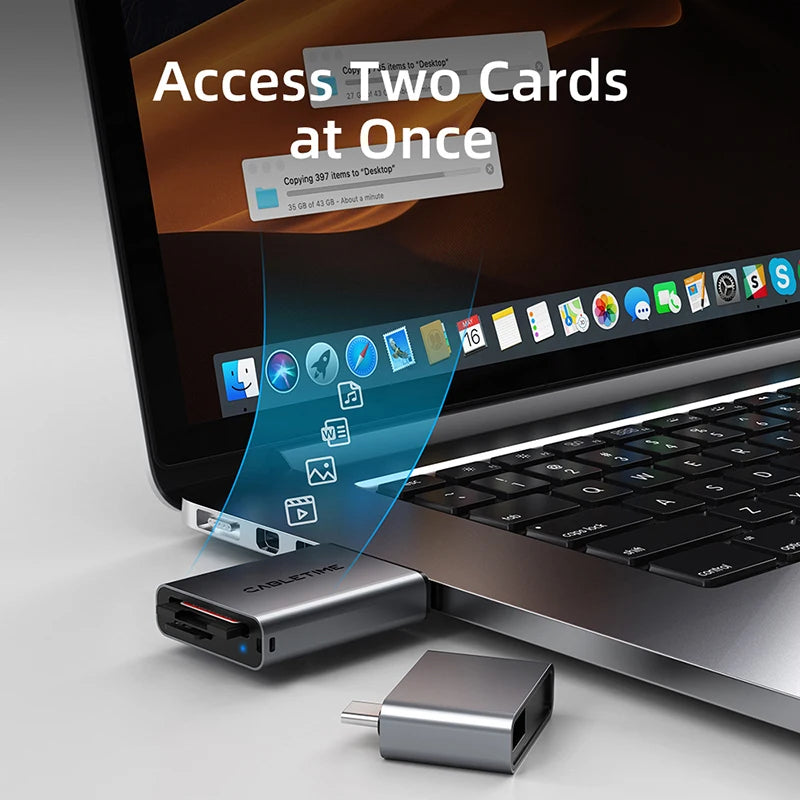 CABLETIME 3 IN 1 Card Reader USB 4.0 5Gbps USB A & USB C 312MB/s Aluminum Alloy SD/TF Cards Portable for iPhone iPad