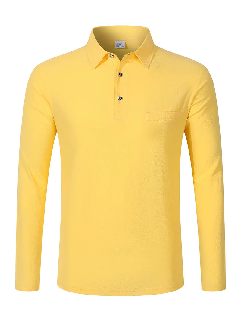 Men's Linen Blend Long Sleeve Polo Shirt with Chest Patch Breathable Lapel Collar Button Placket Casual Tops for Spring Fall