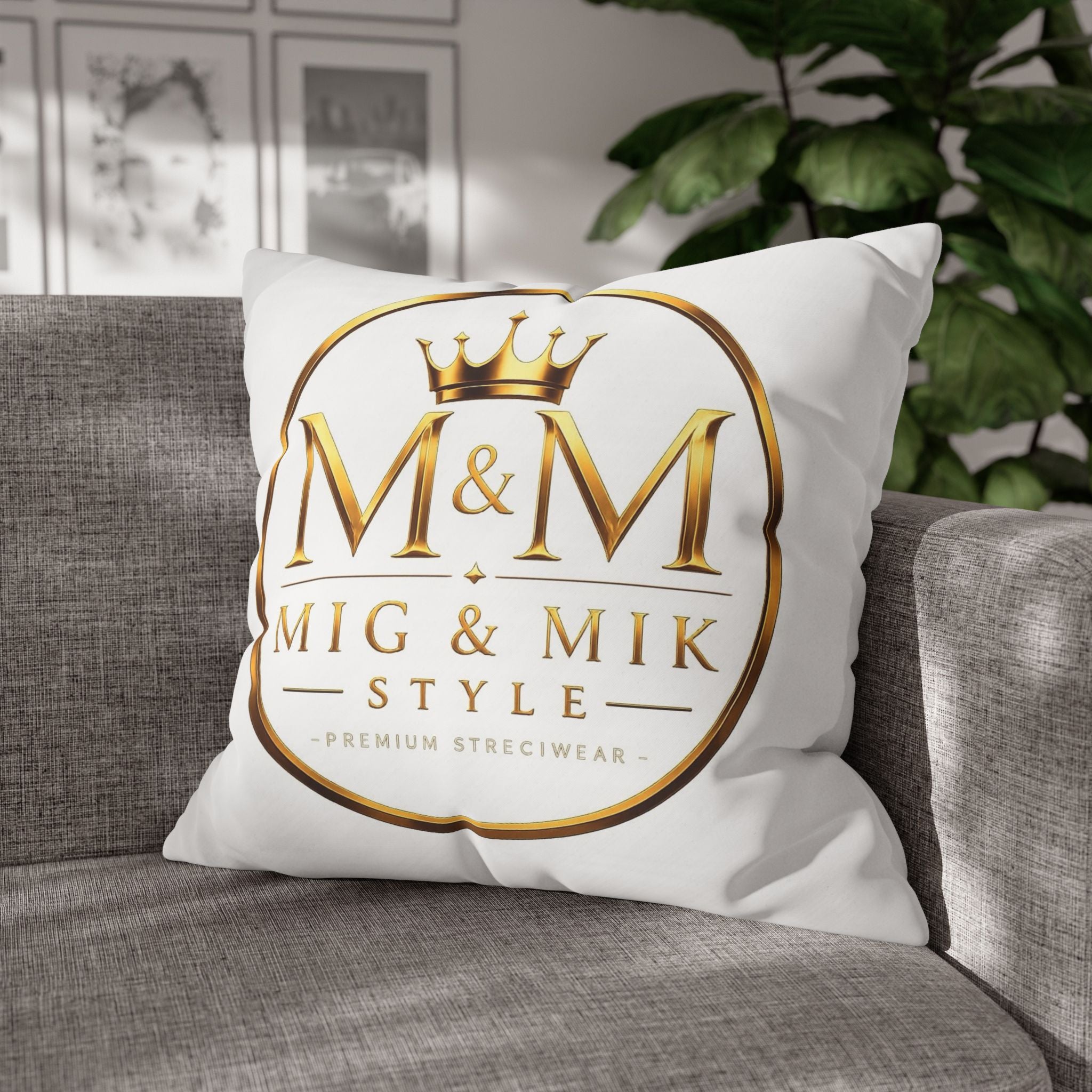 M&M Mig & Mik Gold Crown Decorative Pillowcase — Square Poly Canvas Throw Pillow Cover