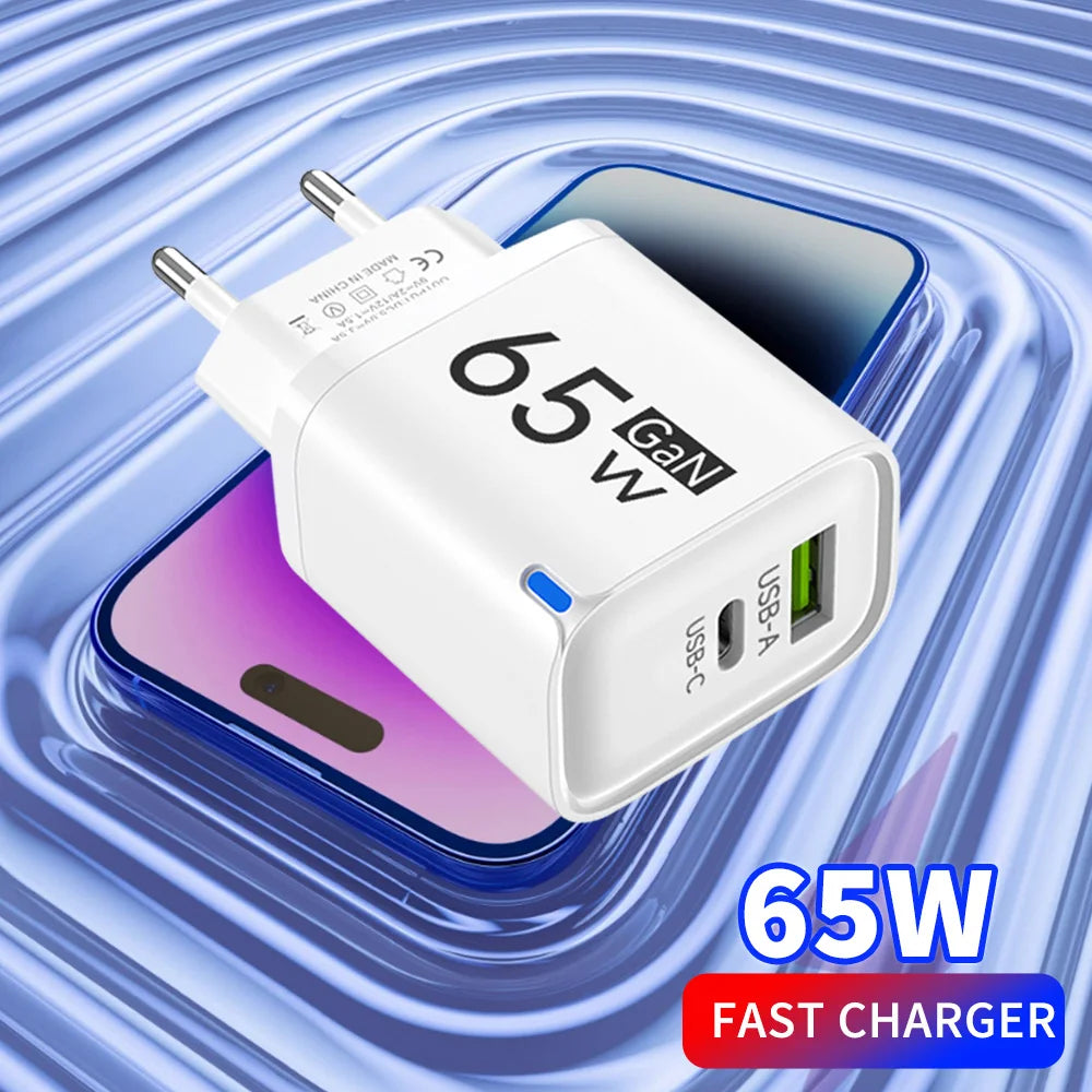 65W GaN Fast Charge Phone Charger For iPhone 14 13 Xiaomi Huawei Samsung Oneplus Fast Charging Mobile Phone Wall Power Adapter
