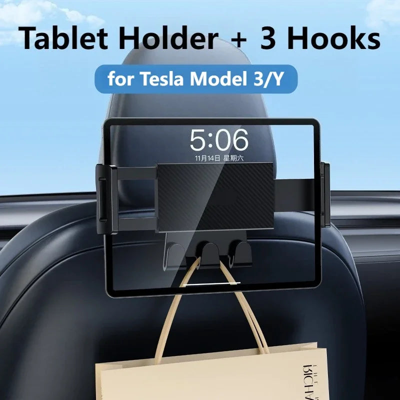 Oatsbasf Car Seat Back Tablet Holder with Hooks for Tesla Model 3/Y/3 Highland Car Phone Bracket for 4.7-13" iPhone Samsung iPad