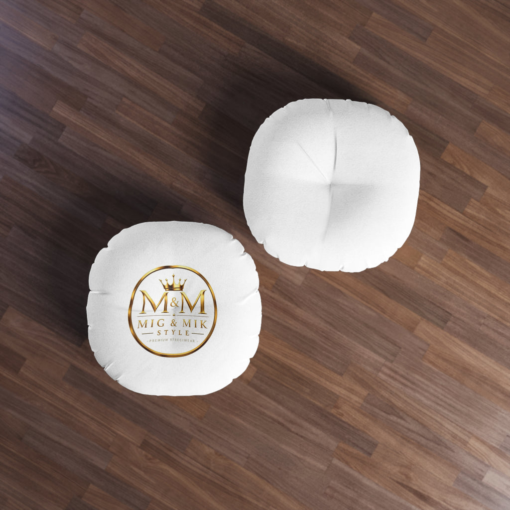 Round Tufted Floor Pillow — Gold "M & M Mig & Mik Style" Logo Cushion