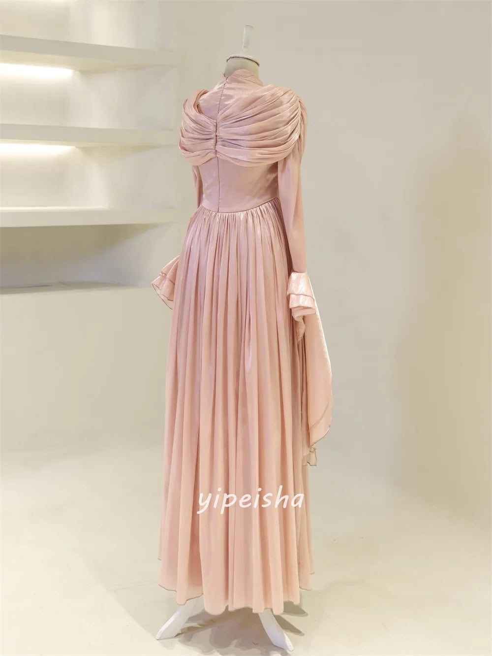 Customized High Quality Fashion Chiffon Ruched Pleat Straight High Collar Long Dresses Bespoke Occasion Dresses Matching Formal