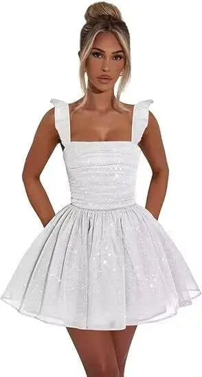 Sexy Tulle Homecoming Dress 2026 with Flutter Straps Square Neck A-Line Short Prom Dress Sparkly for Teens Graduation Mini Dress