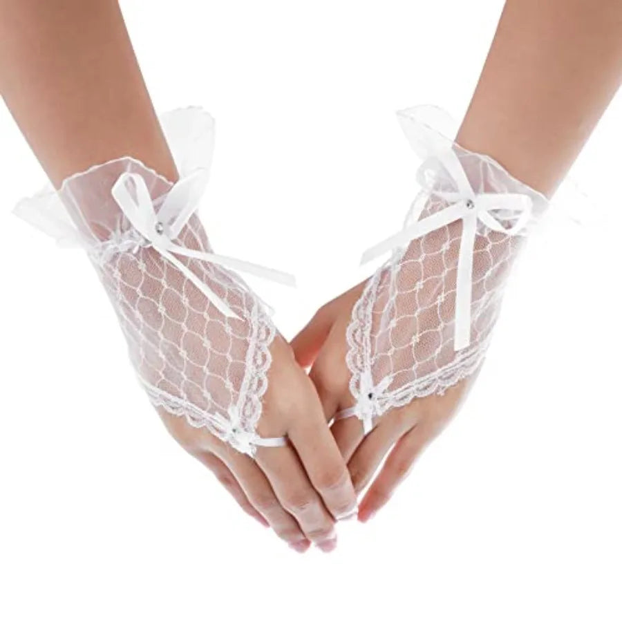 Wedding Fingerless Rhinestone Lace Gloves for Brides and Bridesmaids Lace Bow Short Gloves for Banquet Party Wedding