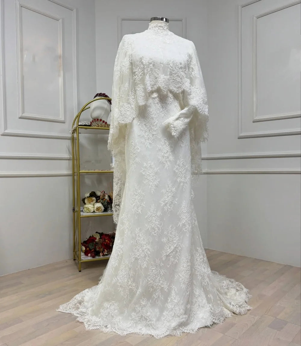 Customized Lace High Collar Trumpet Floor-length Bespoke Occasion Woman Elegant Shawl Wedding Prom Dresses  High Quality
