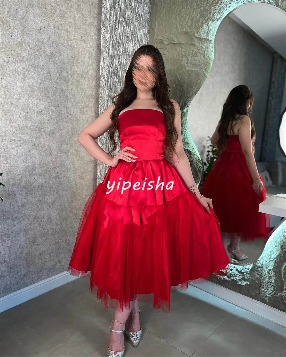 Customized Satin Pleat Wedding Party A-line Strapless Bespoke Occasion Gown Midi Dresses