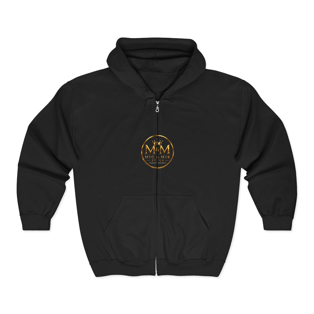 Gold Foil 'M&G Milk' Logo Zip Hoodie — Premium Black Full-Zip Sweatshirt