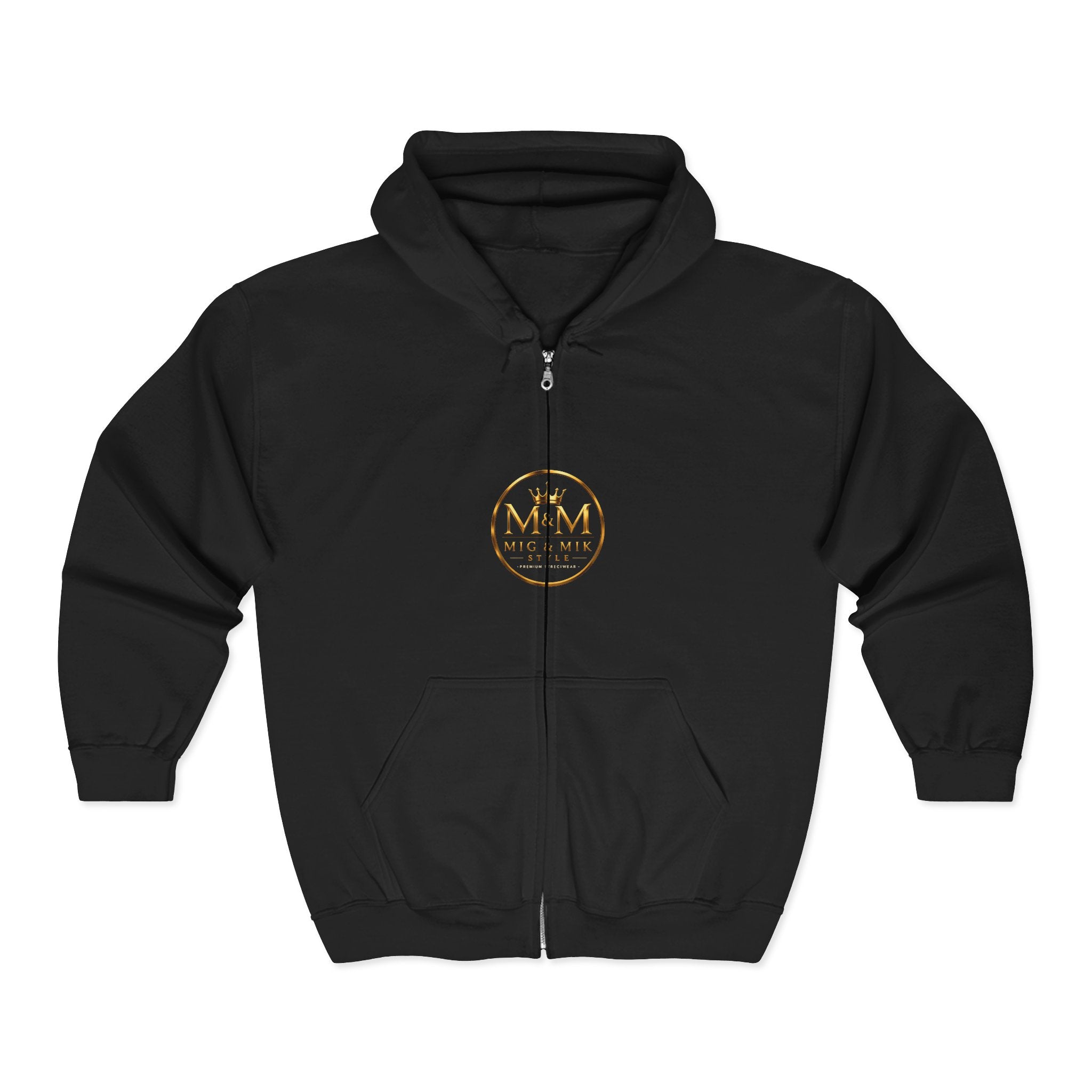 Gold Foil 'M&G Milk' Logo Zip Hoodie — Premium Black Full-Zip Sweatshirt