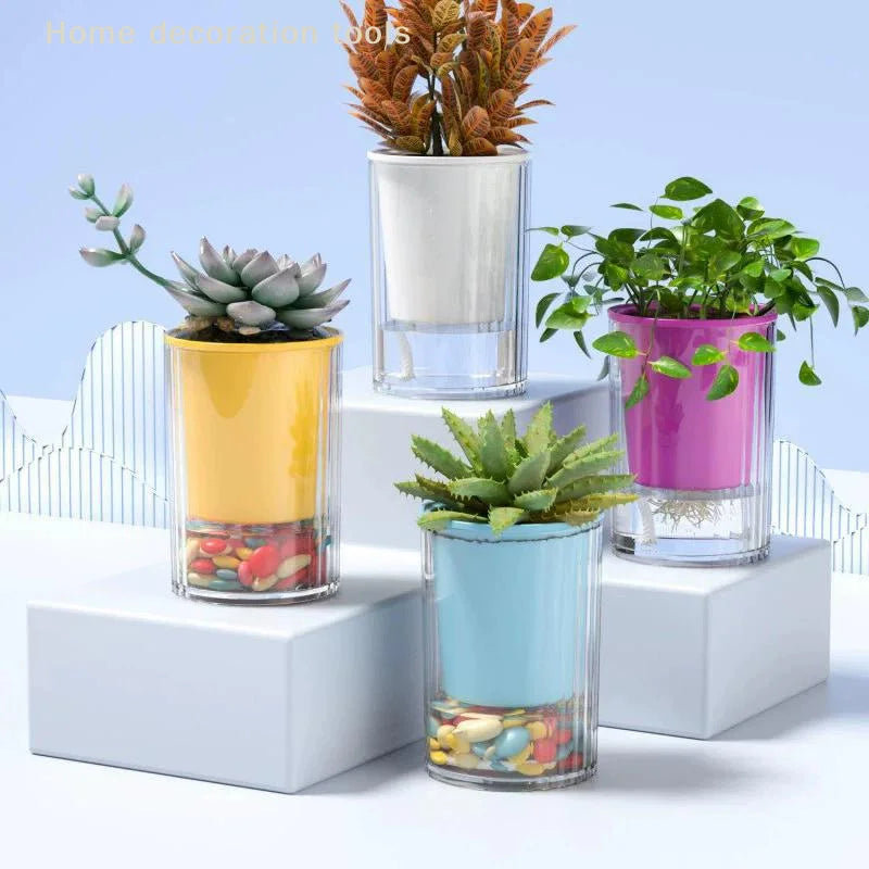 Transparent Self Watering Pot For Hydroponic Plants with Drainage Hole Desktop Flower Planter for Office Home